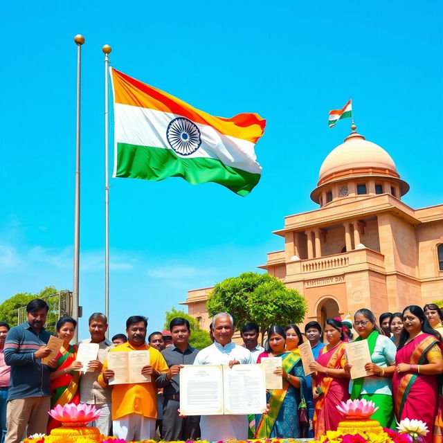 A celebratory scene depicting National Constitution Day of India, set in a culturally rich outdoor environment