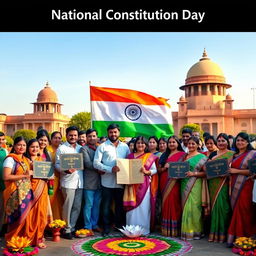 A celebratory scene depicting National Constitution Day of India, set in a culturally rich outdoor environment