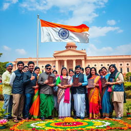 A celebratory scene depicting National Constitution Day of India, set in a culturally rich outdoor environment