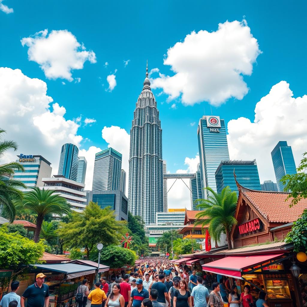 A vibrant cityscape of Kuala Lumpur, Malaysia, showcasing iconic landmarks such as the Petronas Twin Towers, with their distinctive architectural design