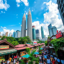 A vibrant cityscape of Kuala Lumpur, Malaysia, showcasing iconic landmarks such as the Petronas Twin Towers, with their distinctive architectural design