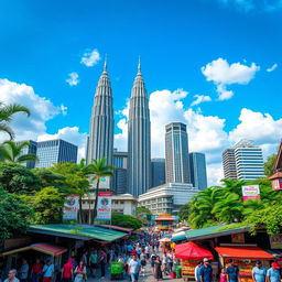 A vibrant cityscape of Kuala Lumpur, Malaysia, showcasing iconic landmarks such as the Petronas Twin Towers, with their distinctive architectural design