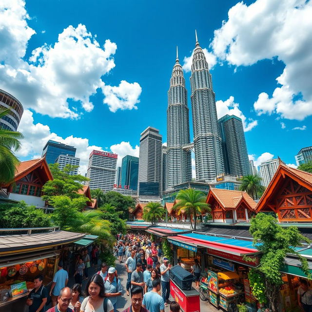 A vibrant cityscape of Kuala Lumpur, Malaysia, showcasing iconic landmarks such as the Petronas Twin Towers, with their distinctive architectural design