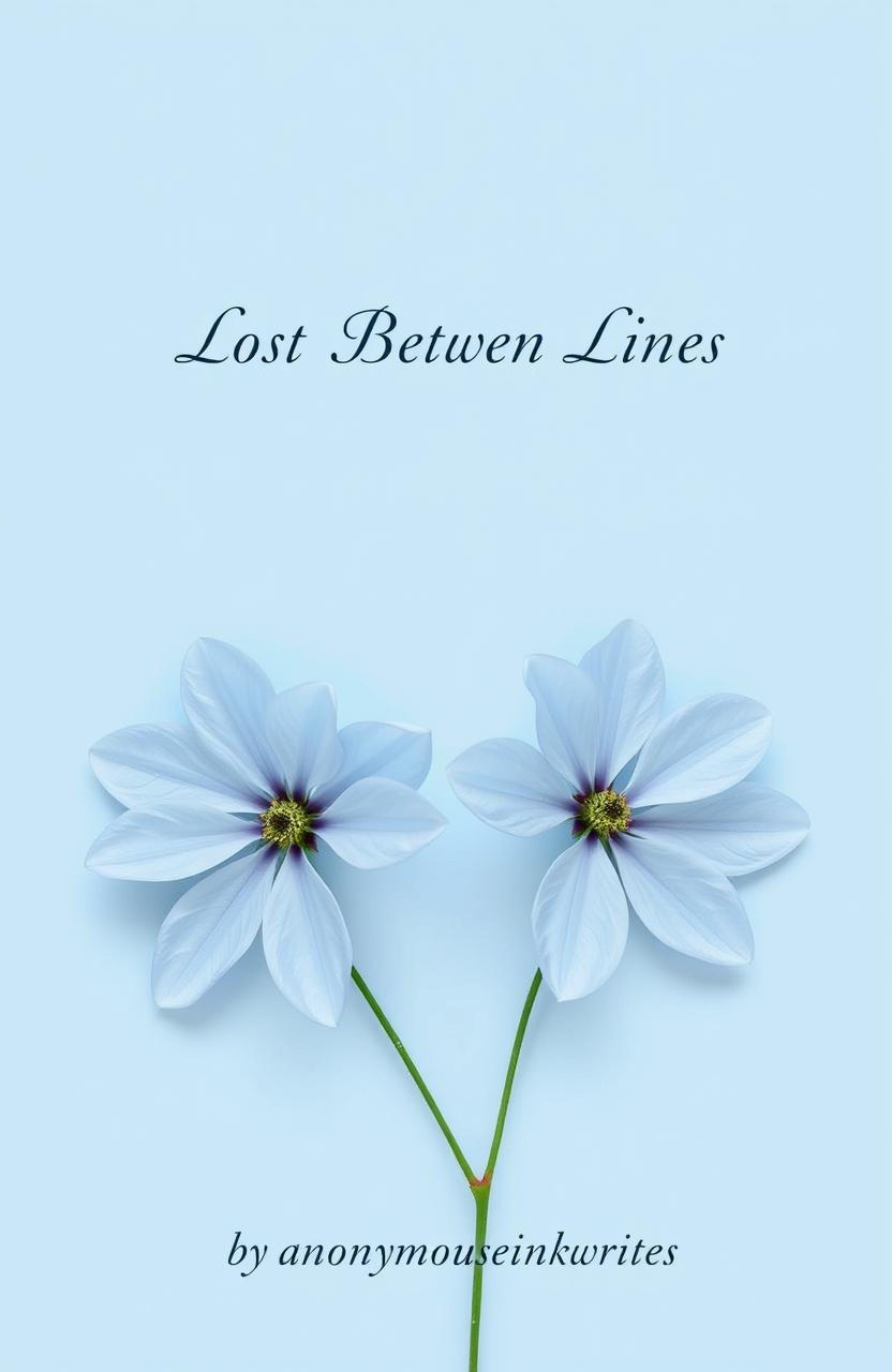 A minimalistic design featuring delicate flowers with petals in soft shades of sky blue, set against a serene light blue background