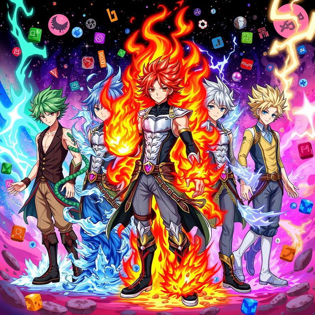 An anime-style illustration featuring five male characters, each representing a different elemental power: fire, water, earth, air, and lightning