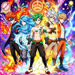 An anime-style illustration featuring five male characters, each representing a different elemental power: fire, water, earth, air, and lightning