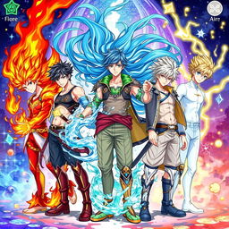 An anime-style illustration featuring five male characters, each representing a different elemental power: fire, water, earth, air, and lightning