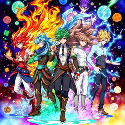 An anime-style illustration featuring five male characters, each representing a different elemental power: fire, water, earth, air, and lightning