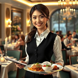 A highly detailed and realistic portrait of a waiter in an elegant restaurant setting