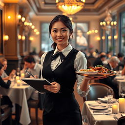 A highly detailed and realistic portrait of a waiter in an elegant restaurant setting