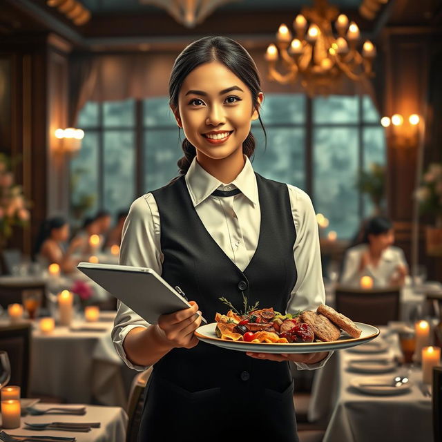 A highly detailed and realistic portrait of a waiter in an elegant restaurant setting