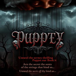 A captivating and eerie flyer for a dark fantasy and psychologically thrilling puppet book