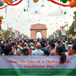 A grand celebration of National Constitution Day in India, showcasing a diverse crowd of people of all ages and backgrounds, gathered in front of a monument, such as the India Gate, holding small Indian flags