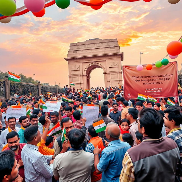 A grand celebration of National Constitution Day in India, showcasing a diverse crowd of people of all ages and backgrounds, gathered in front of a monument, such as the India Gate, holding small Indian flags