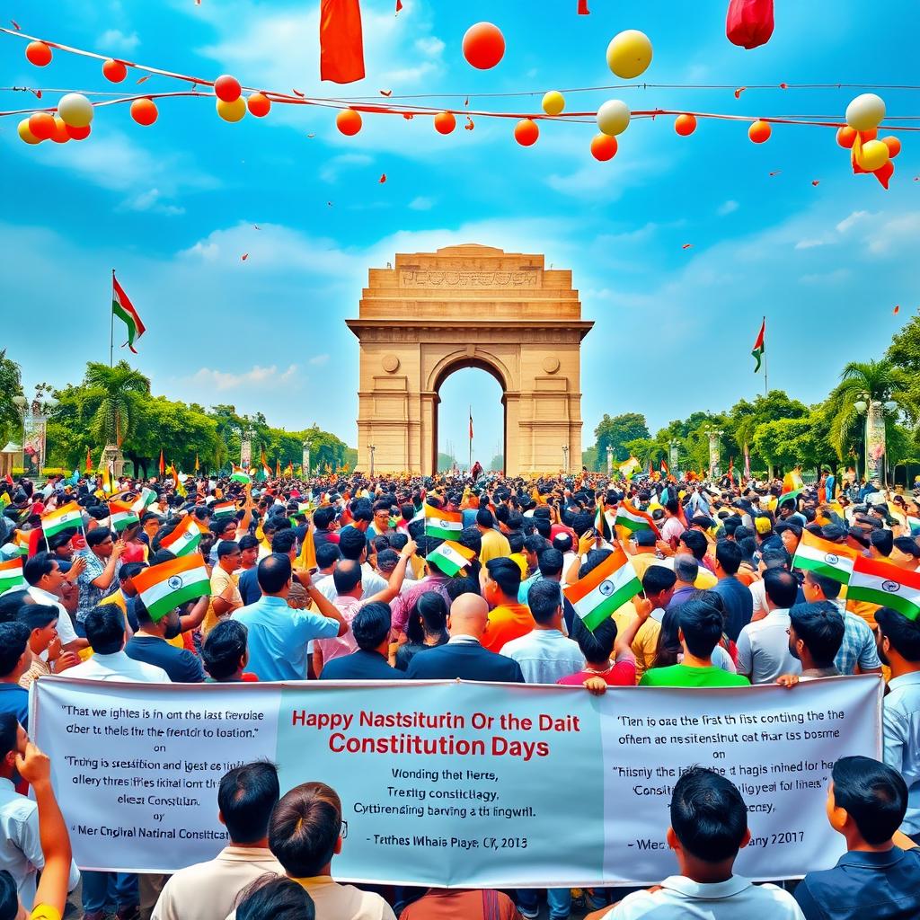 A grand celebration of National Constitution Day in India, showcasing a diverse crowd of people of all ages and backgrounds, gathered in front of a monument, such as the India Gate, holding small Indian flags