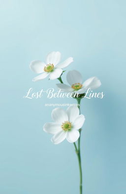 A serene and elegant digital artwork featuring minimal flowers in full bloom, with petals reflecting a soft sky blue