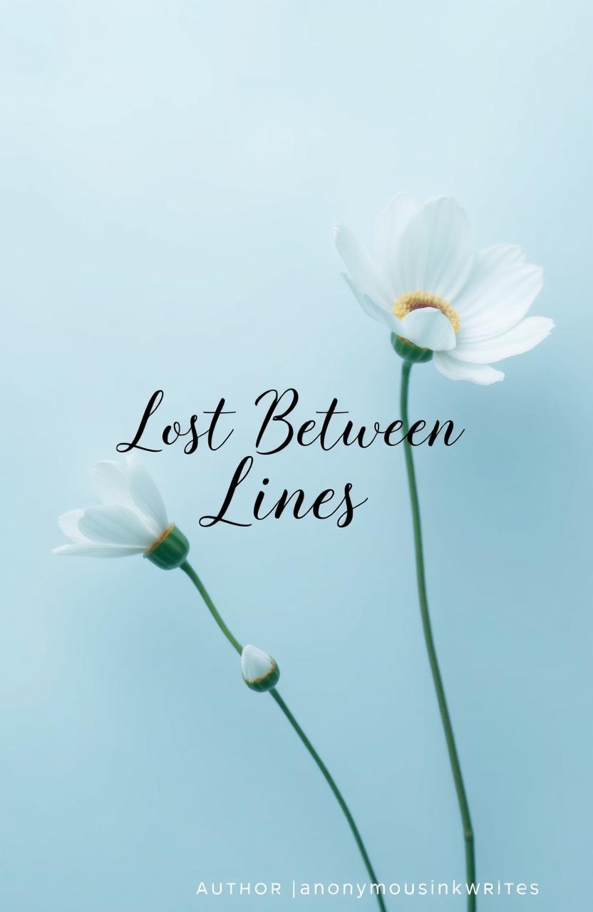 A serene and elegant digital artwork featuring minimal flowers in full bloom, with petals reflecting a soft sky blue