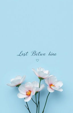 A serene and elegant digital artwork featuring minimal flowers in full bloom, with petals reflecting a soft sky blue
