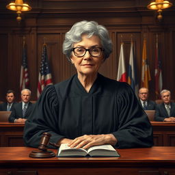 A highly detailed and realistic portrait of a judge in a courtroom setting