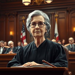 A highly detailed and realistic portrait of a judge in a courtroom setting