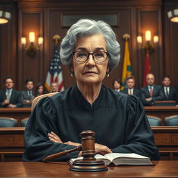 A highly detailed and realistic portrait of a judge in a courtroom setting