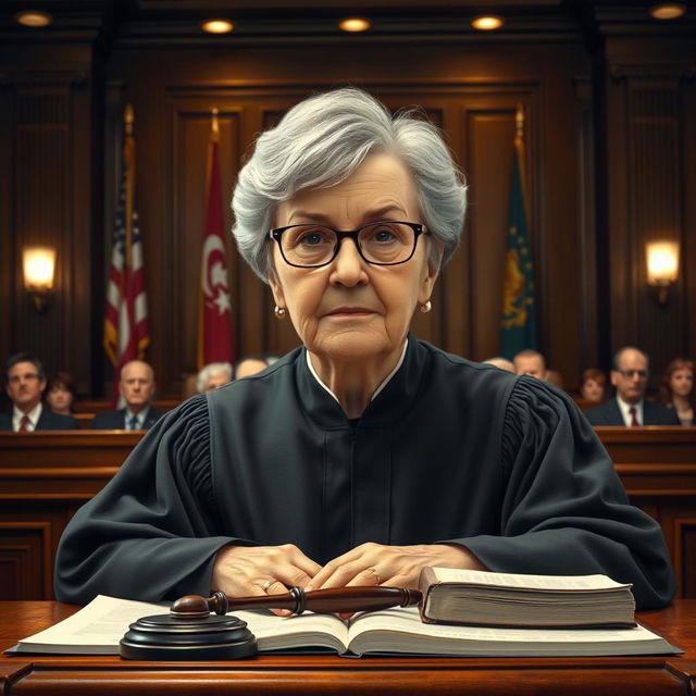 A highly detailed and realistic portrait of a judge in a courtroom setting