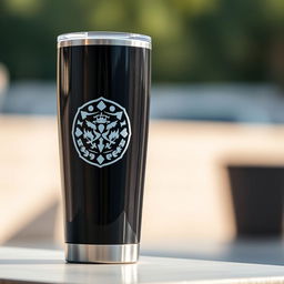 A sleek, modern tumbler featuring a bold, eye-catching logo prominently displayed on its side