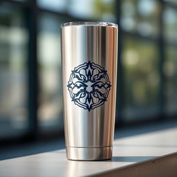 A sleek, modern tumbler featuring a bold, eye-catching logo prominently displayed on its side