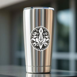 A sleek, modern tumbler featuring a bold, eye-catching logo prominently displayed on its side