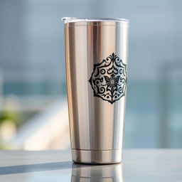 A sleek, modern tumbler featuring a bold, eye-catching logo prominently displayed on its side