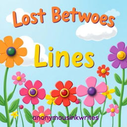 A vibrant and cheerful digital artwork depicting cartoon-style flowers in various bright colors, set against a playful sky backdrop with fluffy white clouds