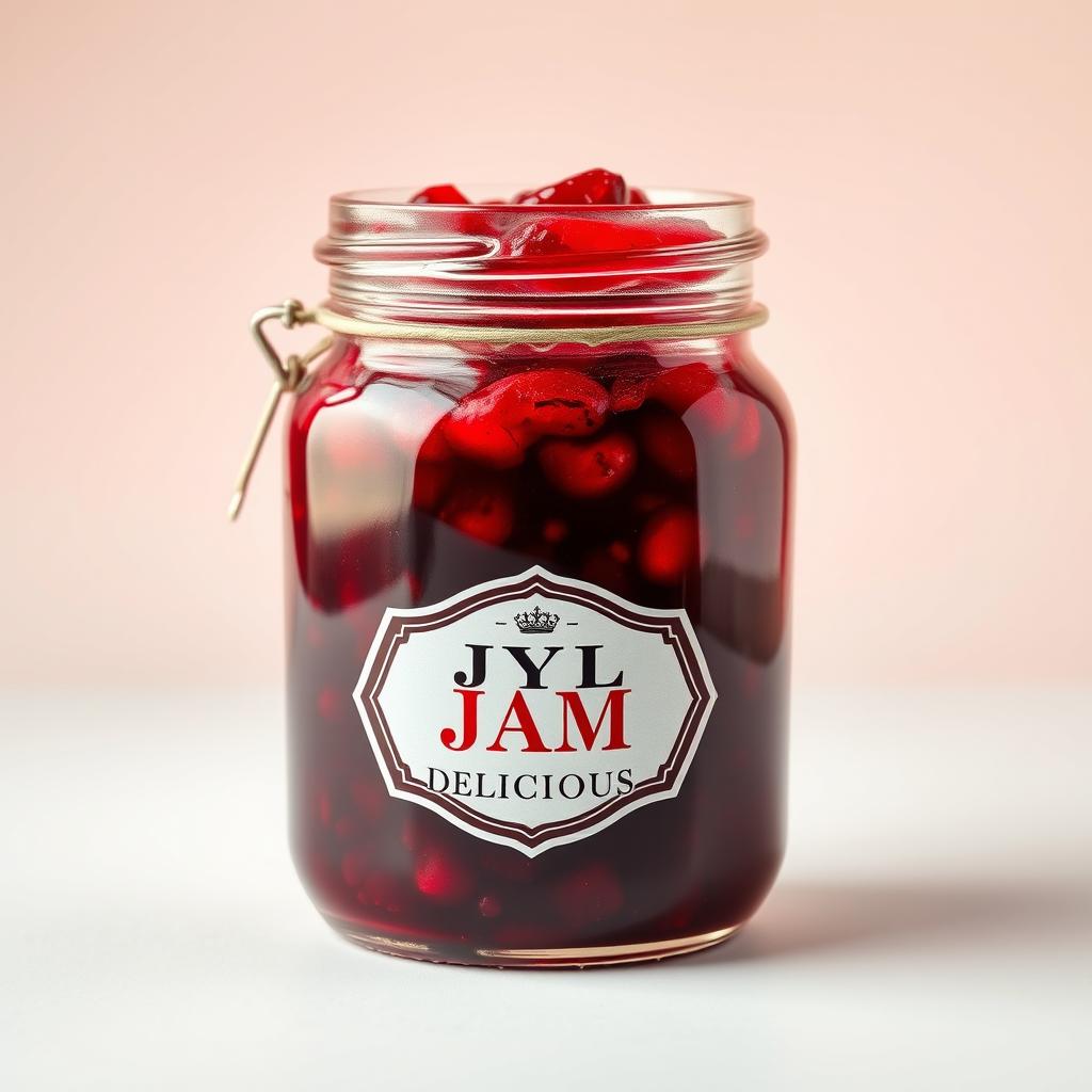 a glass jar labeled 'JYL JAM DELICIOUS' filled with vibrant, luscious jam, the jar is beautifully designed with an elegant, vintage style, set against a soft pastel-colored background to enhance its inviting appearance, the jam has a rich, thick texture with glistening berry bits visible, evoking a sense of homemade goodness and delicious flavor