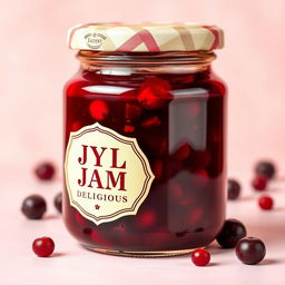 a glass jar labeled 'JYL JAM DELICIOUS' filled with vibrant, luscious jam, the jar is beautifully designed with an elegant, vintage style, set against a soft pastel-colored background to enhance its inviting appearance, the jam has a rich, thick texture with glistening berry bits visible, evoking a sense of homemade goodness and delicious flavor