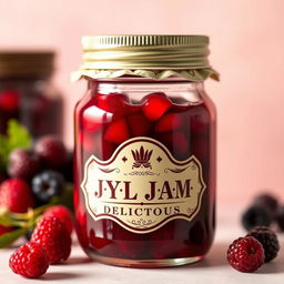 a glass jar labeled 'JYL JAM DELICIOUS' filled with vibrant, luscious jam, the jar is beautifully designed with an elegant, vintage style, set against a soft pastel-colored background to enhance its inviting appearance, the jam has a rich, thick texture with glistening berry bits visible, evoking a sense of homemade goodness and delicious flavor