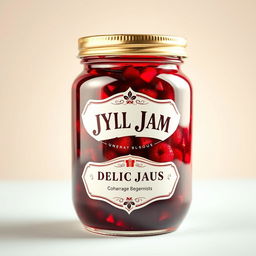 a glass jar labeled 'JYL JAM DELICIOUS' filled with vibrant, luscious jam, the jar is beautifully designed with an elegant, vintage style, set against a soft pastel-colored background to enhance its inviting appearance, the jam has a rich, thick texture with glistening berry bits visible, evoking a sense of homemade goodness and delicious flavor