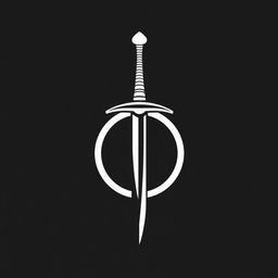 A black-and-white logo design featuring a sleek, upright vertical sword piercing through the center hole of a horizontal ring