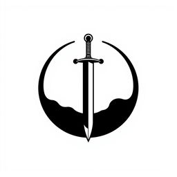 A black-and-white logo design featuring a sleek, upright vertical sword piercing through the center hole of a horizontal ring