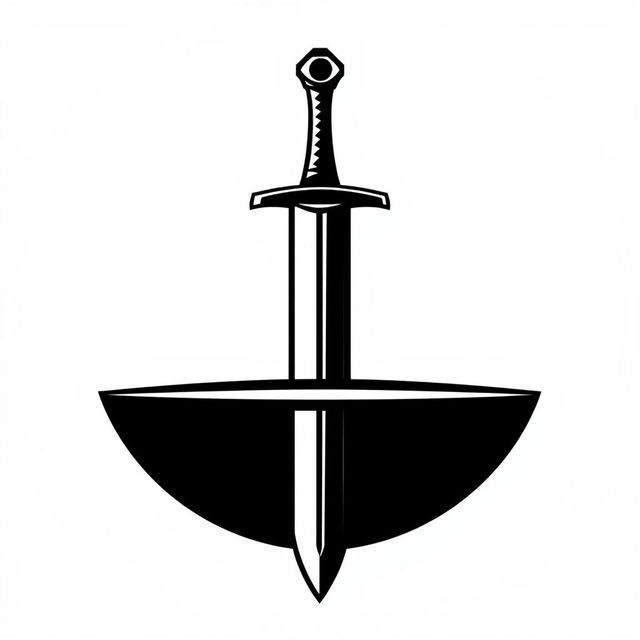 A black-and-white logo design featuring a sleek, upright vertical sword piercing through the center hole of a horizontal ring