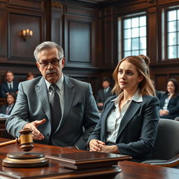 A highly detailed and realistic scene in a courtroom featuring a lawyer and their client
