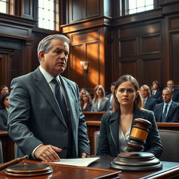 A highly detailed and realistic scene in a courtroom featuring a lawyer and their client