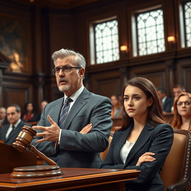 A highly detailed and realistic scene in a courtroom featuring a lawyer and their client