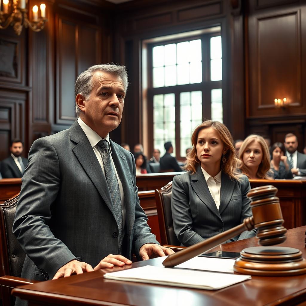 A highly detailed and realistic scene in a courtroom featuring a lawyer and their client