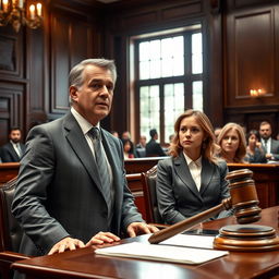 A highly detailed and realistic scene in a courtroom featuring a lawyer and their client