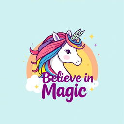 A unique t-shirt design featuring a vibrant and whimsical illustration of a unicorn with a flowing rainbow mane and sparkling horn