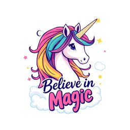 A unique t-shirt design featuring a vibrant and whimsical illustration of a unicorn with a flowing rainbow mane and sparkling horn