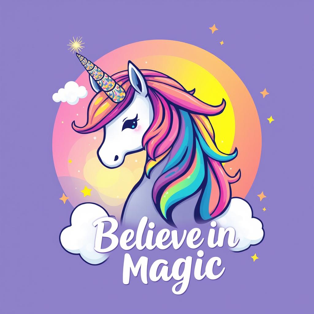 A unique t-shirt design featuring a vibrant and whimsical illustration of a unicorn with a flowing rainbow mane and sparkling horn