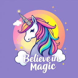 A unique t-shirt design featuring a vibrant and whimsical illustration of a unicorn with a flowing rainbow mane and sparkling horn