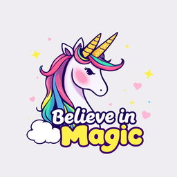 A unique t-shirt design featuring a vibrant and whimsical illustration of a unicorn with a flowing rainbow mane and sparkling horn