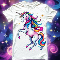 A unique and eye-catching t-shirt design featuring a vibrant, abstract unicorn with a colorful mane, set against a mystical background of stars and swirls