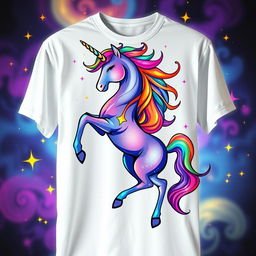 A unique and eye-catching t-shirt design featuring a vibrant, abstract unicorn with a colorful mane, set against a mystical background of stars and swirls